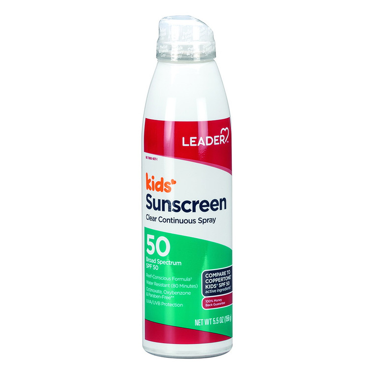 Leader Kids Sunscreen, Clear Continuous Spray, Broad Spectrum Spf 50, 5.5 Oz