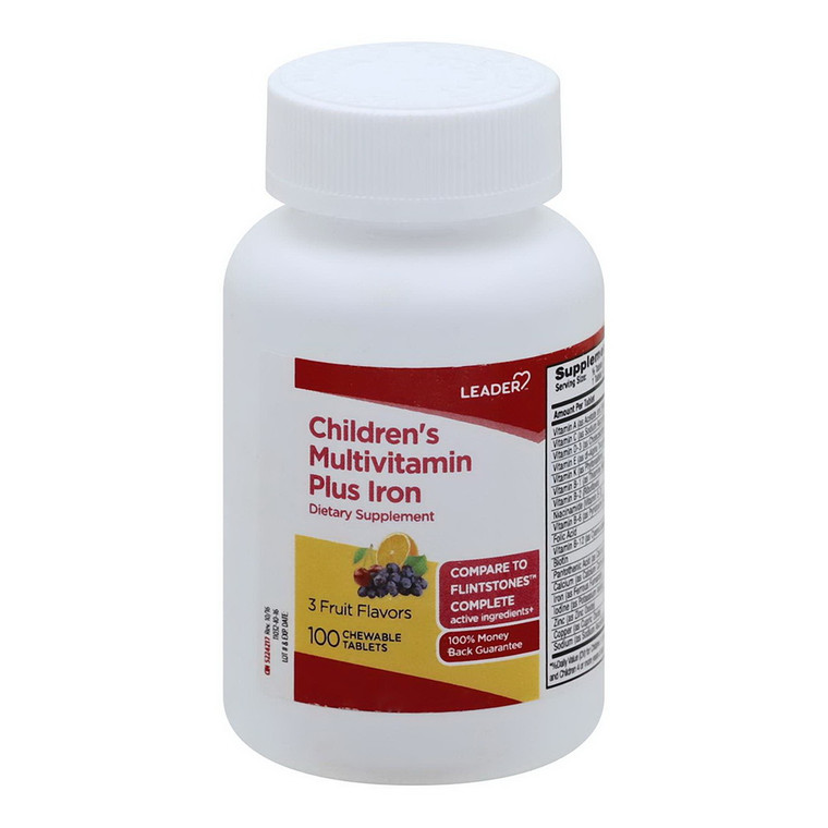 Leader Childrens Multivitamin, Plus Iron, 3 Fruit Flavors, Chewable Tablets, 100 Ea