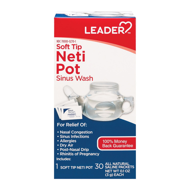 Leader Soft Tip Neti Pot All Natural Nasal Wash Kit, Includes 30 Saline Packets, 1 Ea