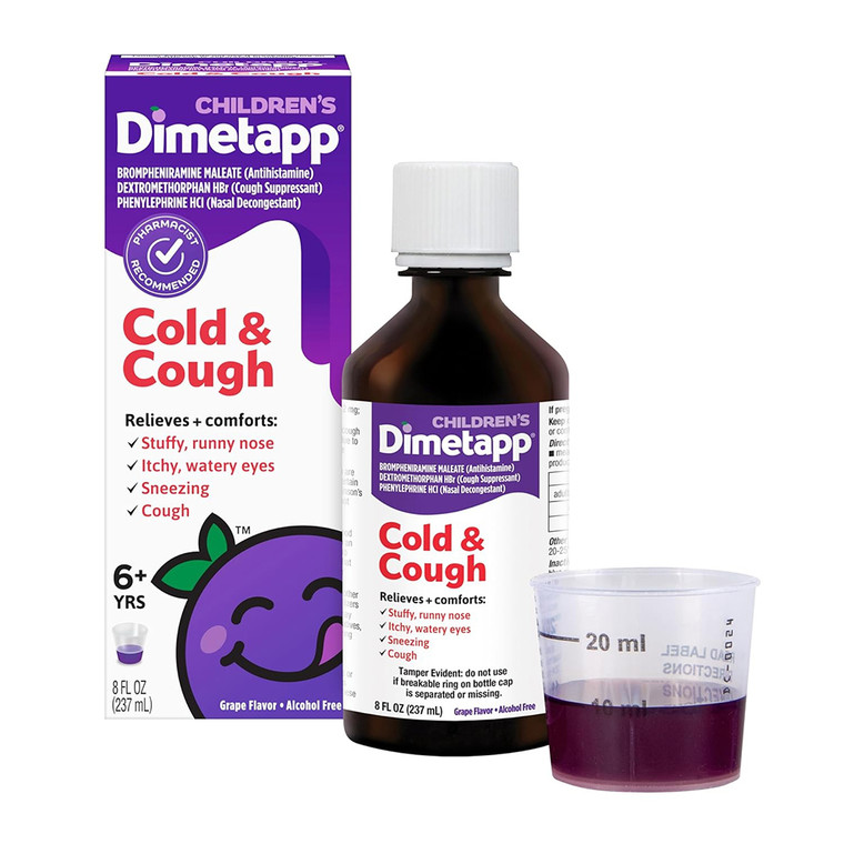 Dimetapp Childrens Cold And Cough Medicine, Cough Suppressant, Nasal Decongestant, Antihistamine, Relieves Nasal Congestion, Cough, Itchy, Watery Eyes And Sneezing, Grape Flavor, Alcohol Free, 8 Oz