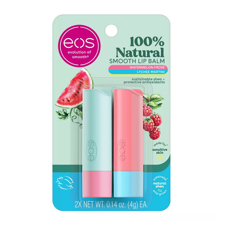 Eos 100% Natural Lip Balm Sticks, Watermelon Frose and Lychee Martini, 0.14 Oz