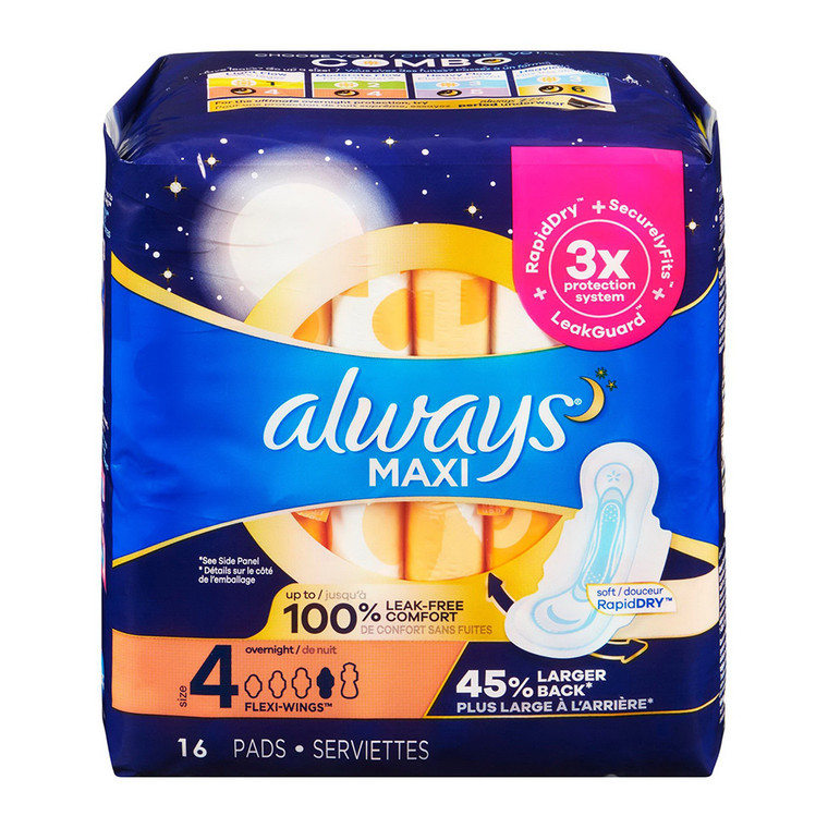 Always Maxi Over Night Pads With Wings Size 4, 16 Ea