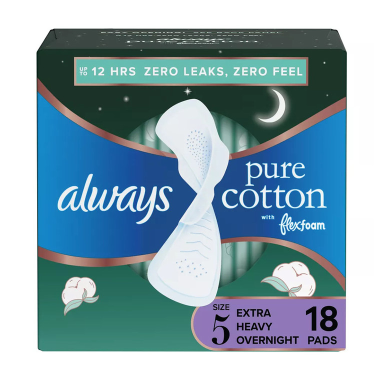Always Pure Cotton Feminine Pads With WIngs, Extra Heavy Overnight Absorbency, Size 5, 18 Ea
