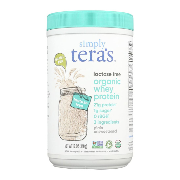 Simply Teras Organic Lactose Free Whey Protein Powder, Plain unsweetened Flavor, 12 Oz