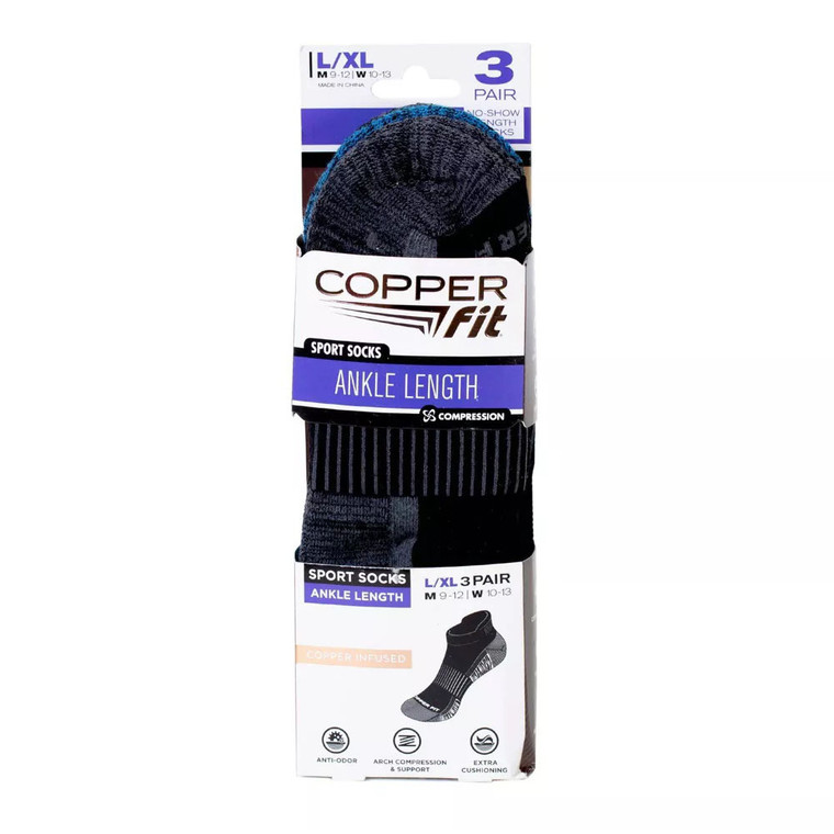 Copper Fit Mens Ankle Socks, Large And Extra Large, Black, Pack Of 3, 1 Ea