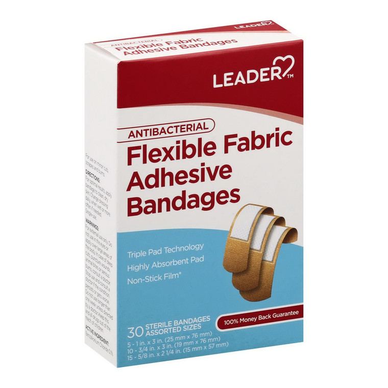 Leader Adhesive Bandages, Antibacterial, Flexible Fabric, Assorted Sizes, 30 Ea