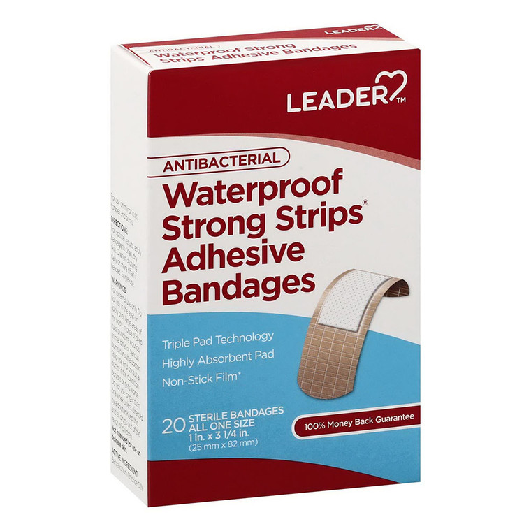 Leader Antibacterial Waterproof Strong Strips, Adhesive Bandages, 20 Ea