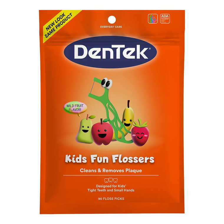 DenTek Kids Fun Flossers Floss Picks Wild Fruit Flavored Cleans and Removes Plaque 90Ea