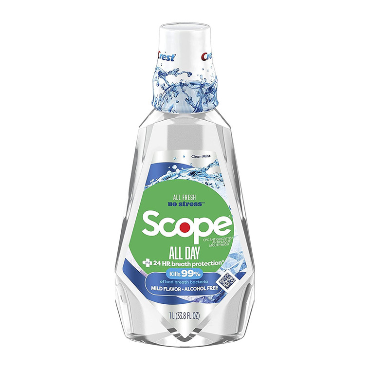 Crest Scope All Day Alcohol Free Mouthwash Clean Mint for Fresh Breath 33.8Oz (1l)