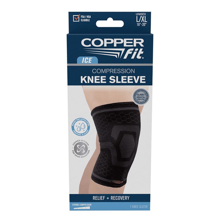 Copper Fit Ice Knee Compression Sleeve Infused with Menthol, Large/XL, Black, 1 Ea