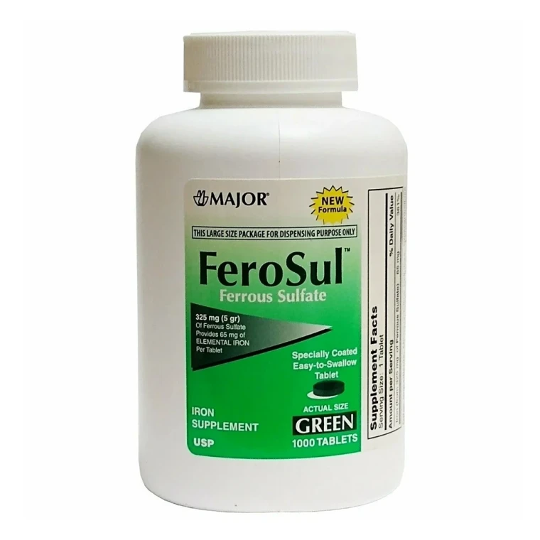 Major FeroSul Ferrous Sulfate 325mg Iron Supplement Green Oral Tablets 1000Ea