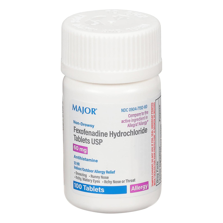 Major Fexofenadine Hydrochloride Antihistamine 60mg Non Drowsy 12 Hours Allergy Relief Tablets 100Ea