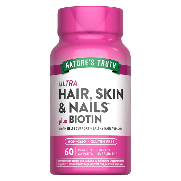 Natures Truth Ultra Hair Skin and Nails Vitamins Plus Biotin and Collagen Dietary Supplement Coated Caplets 60Ea