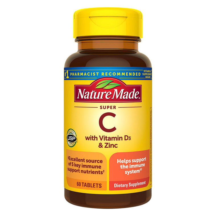 Nature Made Super C with Vitamin D3 and Zinc Supplement Tablets Support Immune Health 60Ea