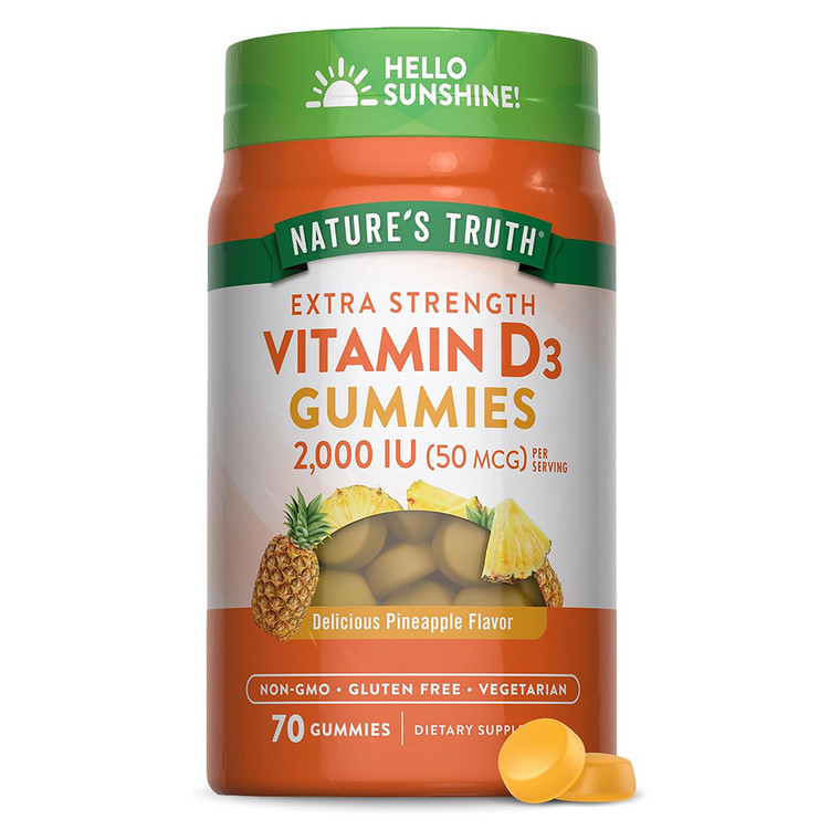 Natures Truth Extra Strength Vitamin D3 2000 IU Natural Pineapple Flavor Gummies Support Bone Health 70Ea