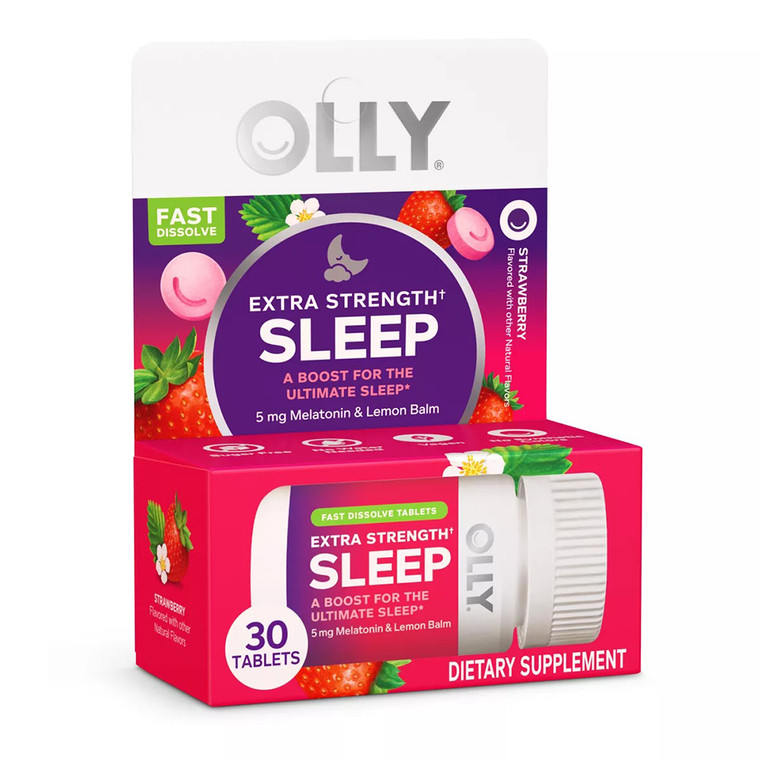 Olly Extra Strength 5mg Sleep Strawberry Flavor Dietary Supplement Tablets Boost for Ultimate Sleep 30Ea