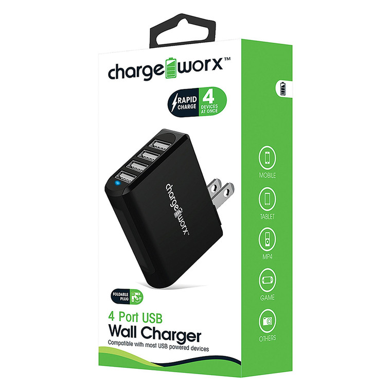 Chargeworx 4 Port USB Travel Wall Charger Foldable Plug Black 1Ea