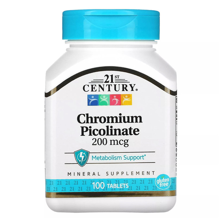 21st Century Chromium Picolinate 200 Mcg Supplement Tablets for Metabolism Support, 100 Ea