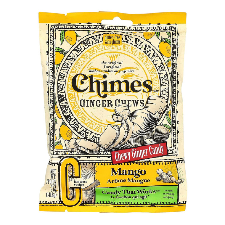 Chimes Ginger Chews Mango Flavor Smooth Energizing Satisfying Candy Gluten Free 5Oz (141.8g)