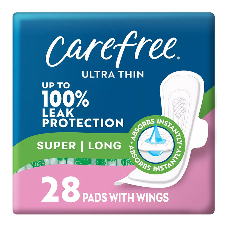 Carefree Ultra Thin Super Long Pads with Wings for Heavy Flow and All Day Comfort 28Ea