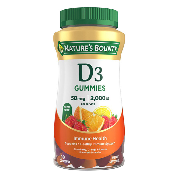 Natures Bounty Vitamin D3 50mcg 2000 IU Gummies Strawberry Orange and Lemon Flavor Support Immune Health 90Ea