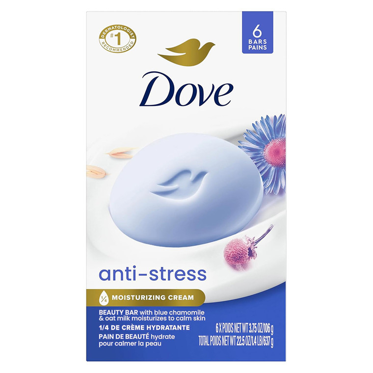Dove Anti Stress Cream Bath Bars Blue Chamomile and Oat Milk Moisturizing Cream to Calm Skin 3.75Oz (106g) 6Ea
