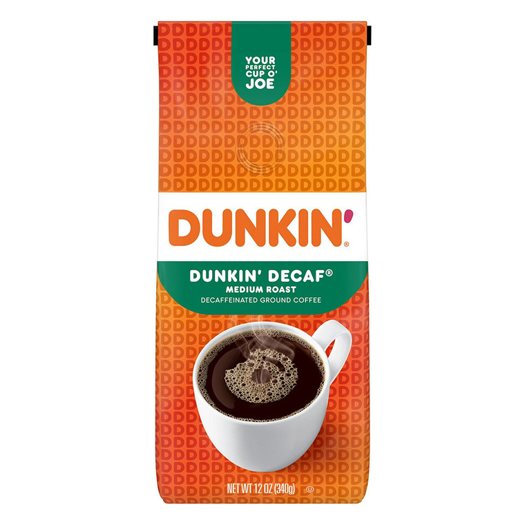 Dunkin Donuts Decaf Medium Roast Ground Coffee for Smooth Caffeine Free Brewing 12Oz (340g)