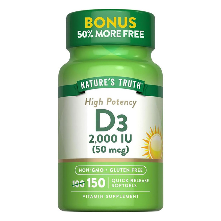 Natures Truth High Potency Vitamin D3 2000 IU Vitamin Supplement Softgels Support Immune Health 150Ea