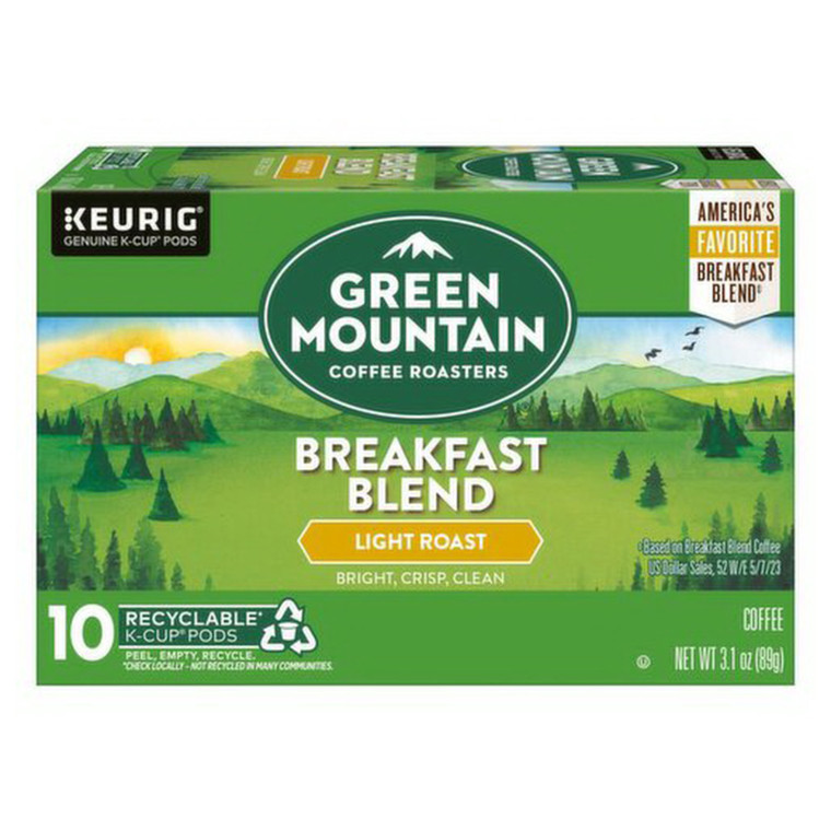 Green Mountain Coffee Roasters Breakfast Blend K Cup Pods Light Roast 3.1Oz (89g) 10Ea