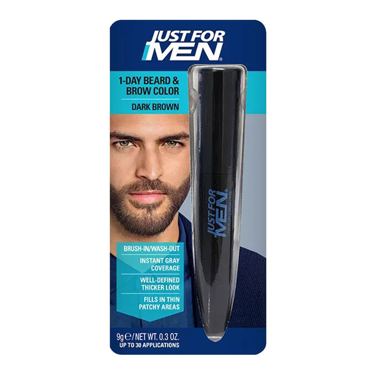 Just For Men 1 Day Beard and Brow Color Dark Brown for Well Defined Thicker Look 0.3Oz (9ml)
