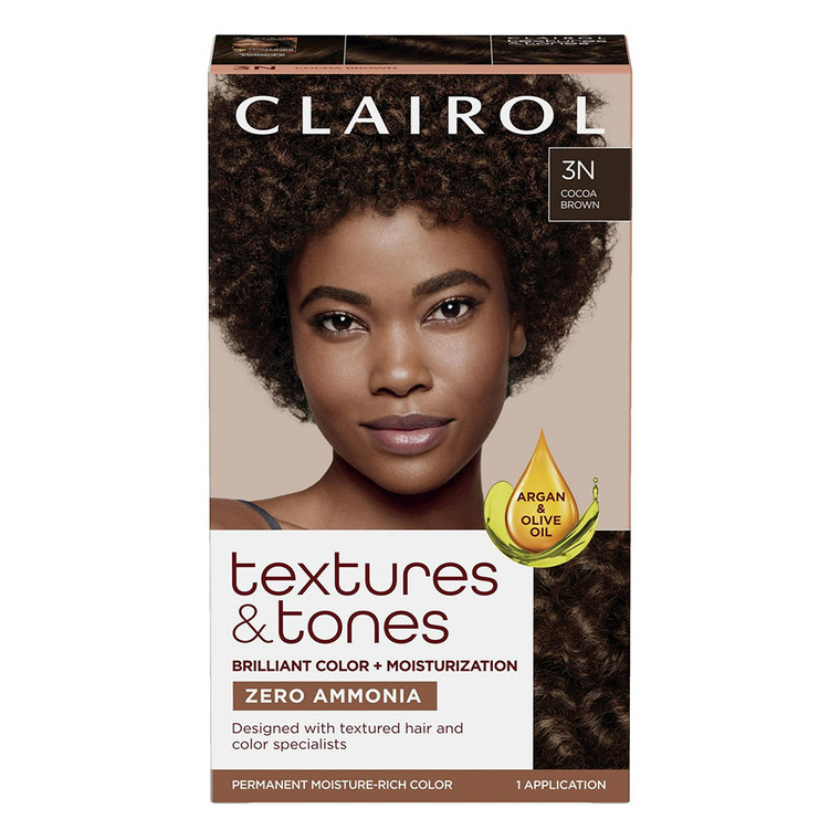 Clairol Textures and Tones Hair Color 3N Cocoa Brown Moisturizing Mask Detangle and Strengthening Hair 1Ea