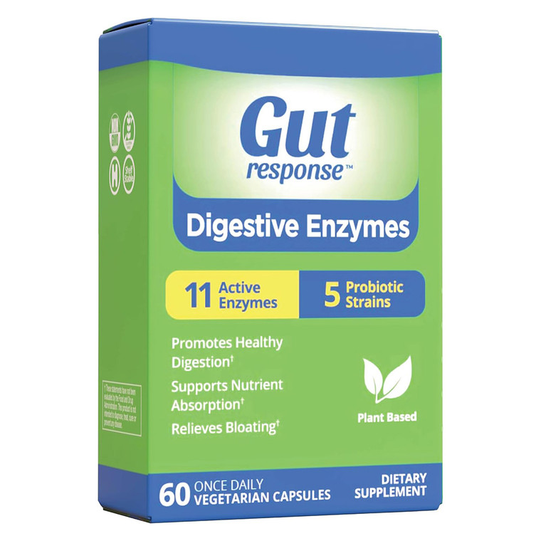 Gut Response Digestive Enzymes 11 Active Enzymes 5 Probiotic Strains Veg Capsules 60Ea