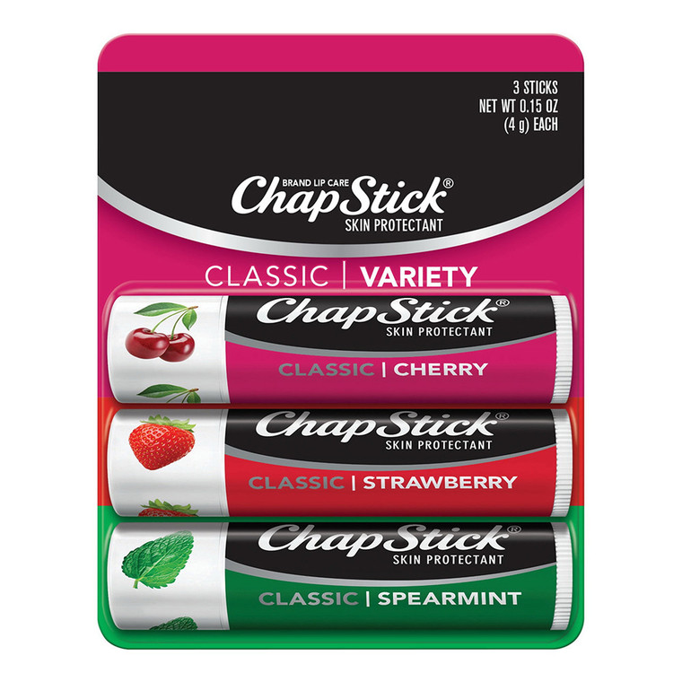 Chapstick Classic Variety Pack Cherry Strawberry and Spearmint Flavor Protect and Moisturizes Heal Dry and Chapped Lips 0.15Oz (4g), 3Ea