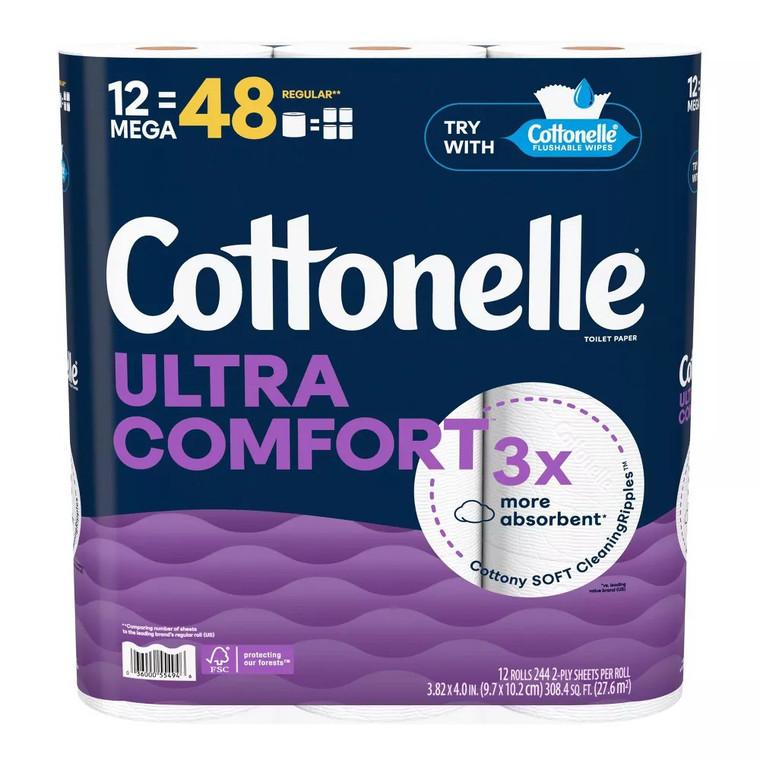 Cottonelle Ultra Comfort Toilet Paper Rolls for Gentle Comfortable Bathroom Care 12Ea
