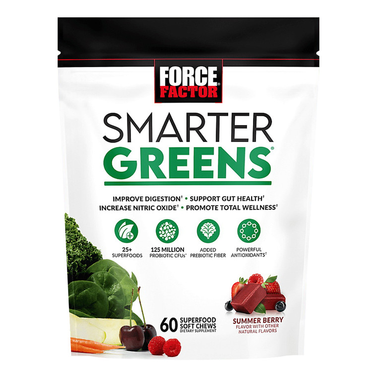 Force Factor Smarter Greens Summer Berry Flavor Superfood Soft Chews Improve Digestion and Gut Health 60 Ea