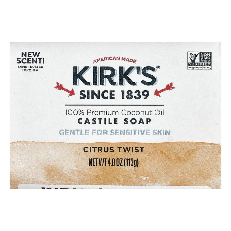Kirks Premium Coconut Oil Castile Bar Soap Gentle for Sensitive Skin Citrus Twist Scent 4Oz (113g)