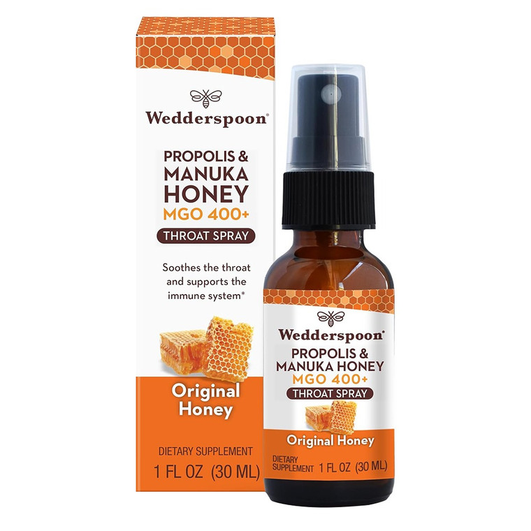 Wedderspoon Propolis and Manuka Honey MGO 400 Plus Throat Spray Original Honey Flavor 1Oz (30ml)