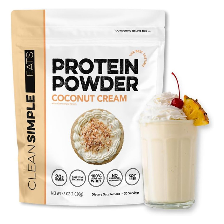 Clean Simple Eats Protein Powder Coconut Cream Naturally Sweetened 30 Servings with Digestive Enzymes 36Oz (1020g)
