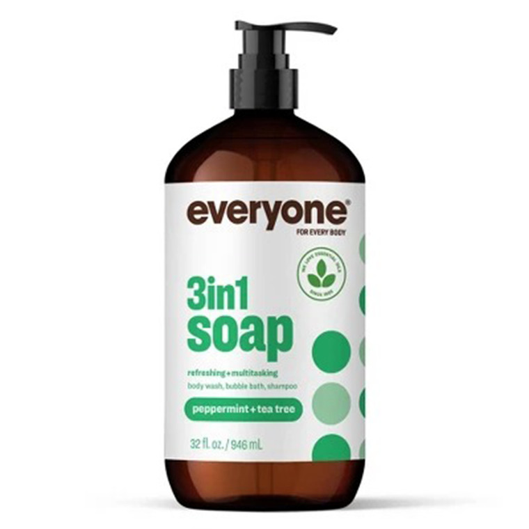 Everyone 3-in-1 Peppermint and Tea Tree Body Wash Bubble Bath Shampoo with Calendula Chamomile and Aloe Vera 32Oz (946ml)
