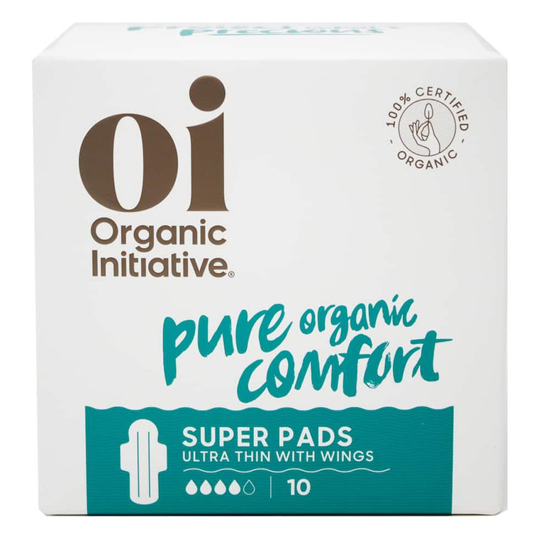 Organic Initiative Pure Organic Comfort Ultra Thin Super Pads with Wings for Reliable Absorbency and Leak Protection 10Ea