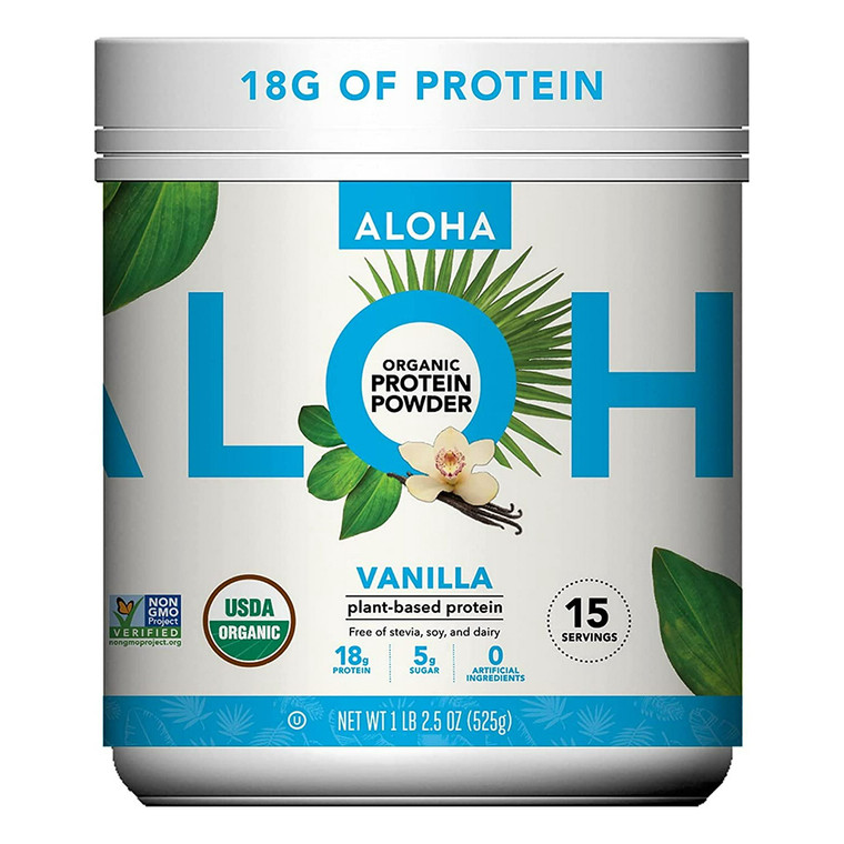 Aloha Plant Based Protein Powder Vanilla for Muscle Recovery Energy and Nutrition Support 18.5Oz (525g)