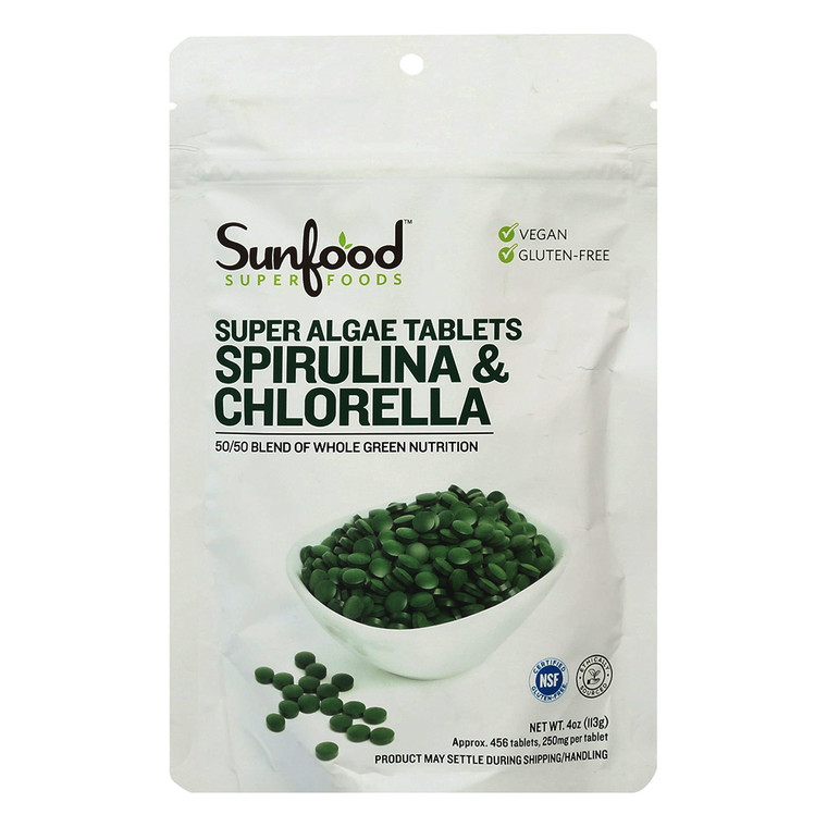 Sunfood Superfoods 2 in 1 Spirulina and Chlorella Tablets for Immune Support and Overall Wellness 4Oz (113g) 456Ea