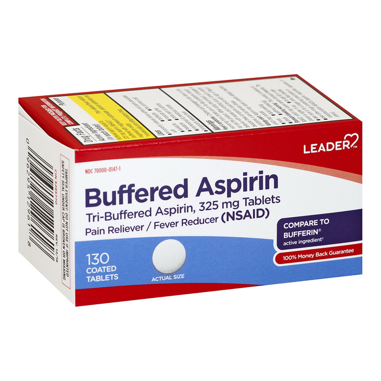 Leader Buffered Aspirin Coated Tablets 325mg Tri Buffered Formula Pain Reliever and Fever Reducer 130Ea