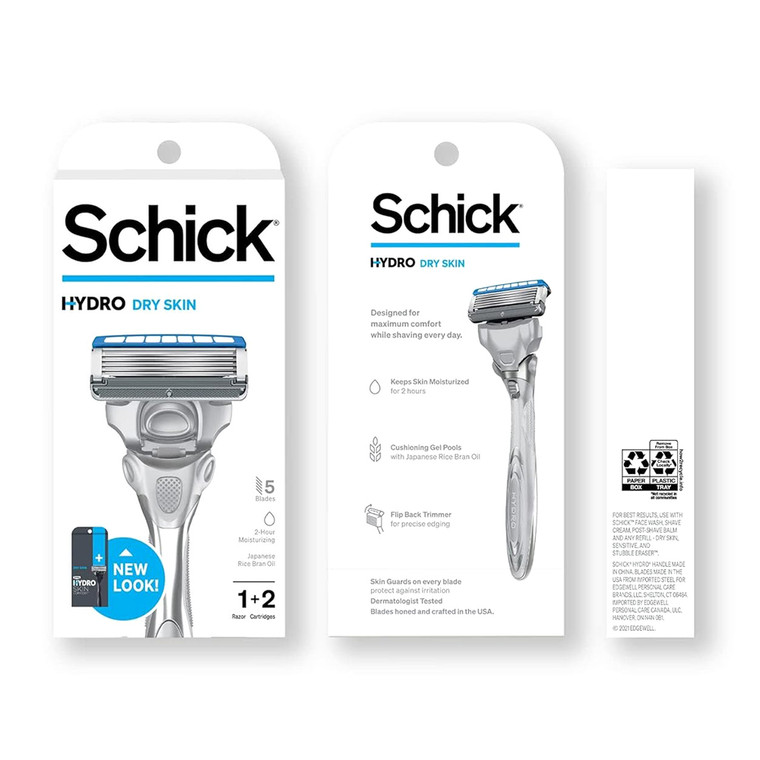 Schick Hydro Dry Skin Mens 5 Blade Razor Handle and 2 Refill Razor Blades Kit 1Ea