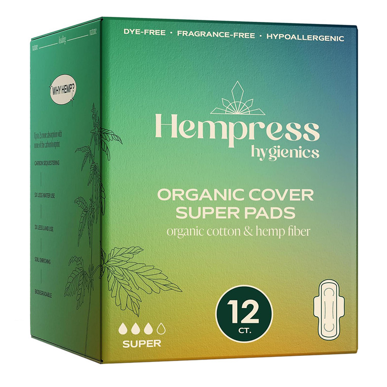 Hempress Hygienics Organic Cover Ultra Thin Pads for Women Extra Heavy Flow and Reliable Protection Ultra Soft Organic Cotton and Hemp Fiber 12Ea