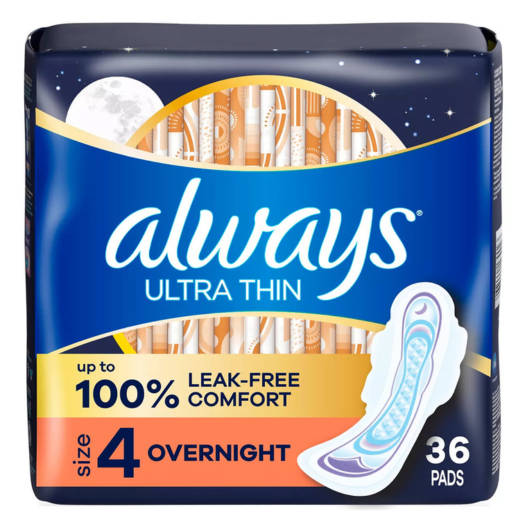 Always Ultra Thin Overnight Pads with Wings Size 4 for Leak Free Protection 36Ea
