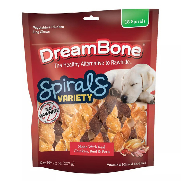 DreamBone Chicken Beef and Pork Spirals Variety Pack Dog Chews No Rawhide 7.3Oz (207g)