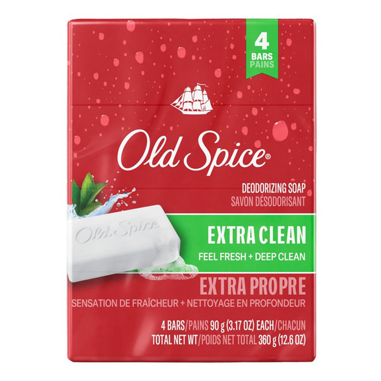 Old Spice Bar Soap Extra Clean Feel Fresh and Deep Clean Deodorizing Soap 3.17Oz (90g), 4Ea