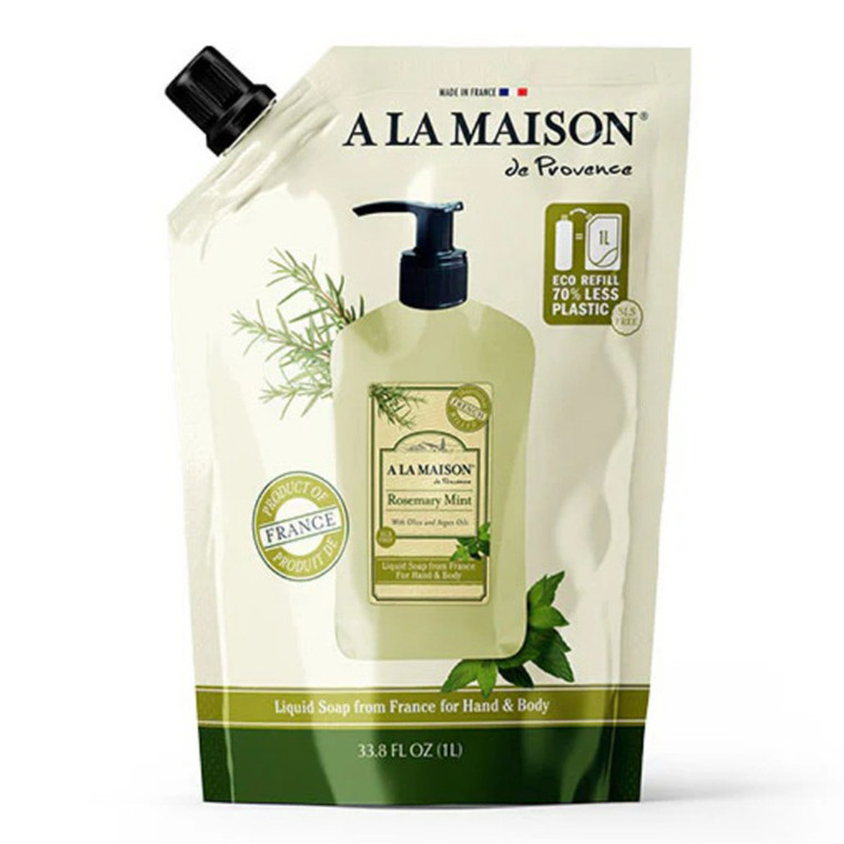 A La Maison Liquid Soap Doypack Rosemary Mint for Gentle Cleansing and Moisturizing Hands and Body 33.8Oz (1l)
