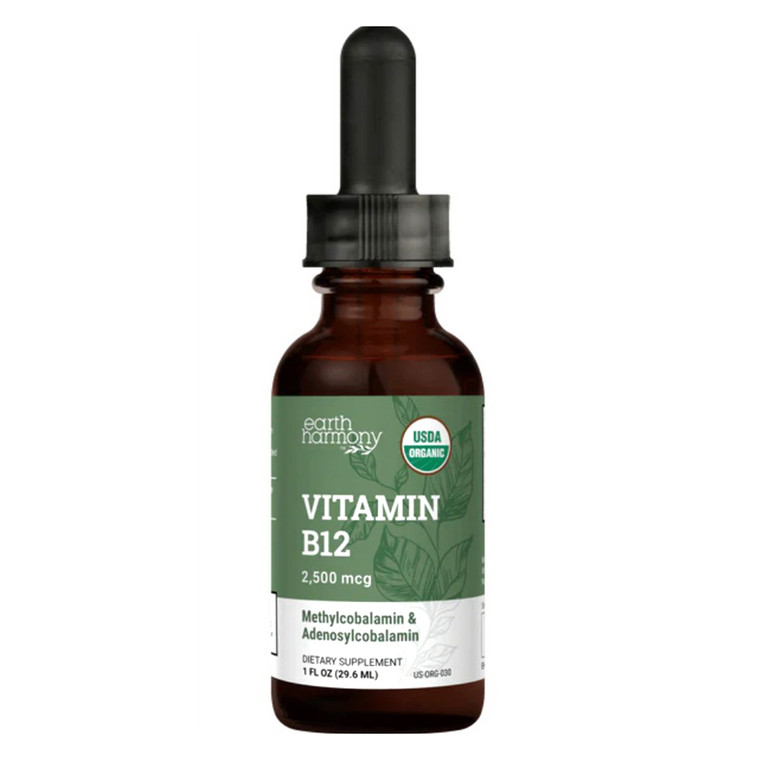 Earth Harmony Vitamin B12 Liquid Supplement for Energy and Metabolism Support 1Oz (29.6ml)